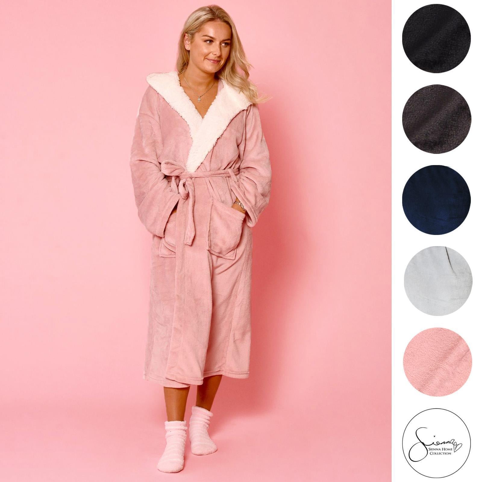 Sienna Ladies Mens Long Hooded Dressing Gown Soft Flannel Fleece Sherpa Bathrobe