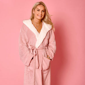 Sienna Ladies Mens Long Hooded Dressing Gown Soft Flannel Fleece Sherpa Bathrobe