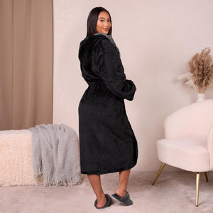 Sienna Ladies Mens Long Hooded Dressing Gown Soft Flannel Fleece Sherpa Bathrobe