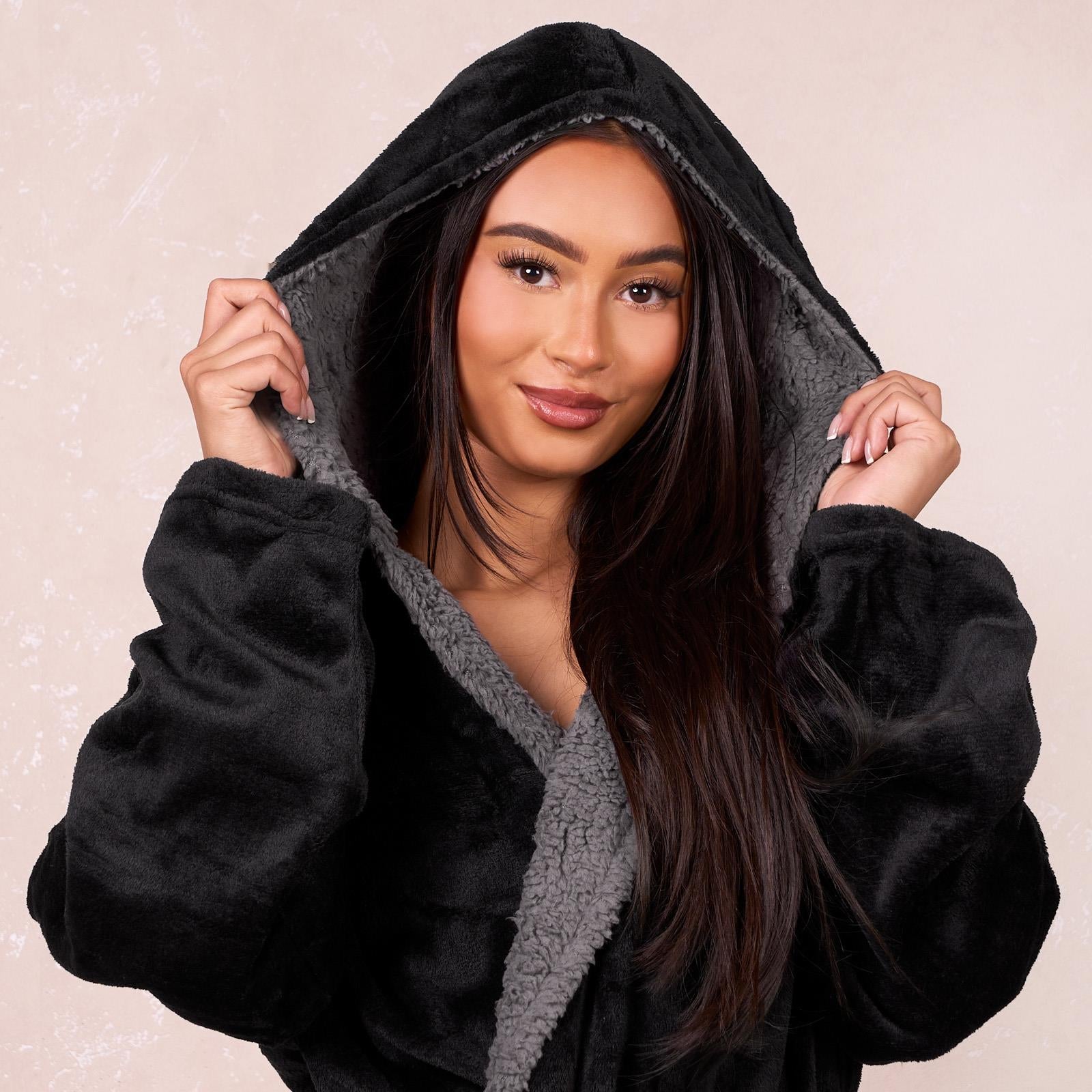 Sienna Ladies Mens Long Hooded Dressing Gown Soft Flannel Fleece Sherpa Bathrobe