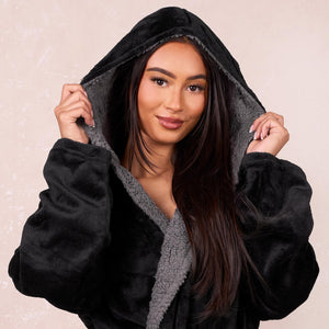 Sienna Ladies Mens Long Hooded Dressing Gown Soft Flannel Fleece Sherpa Bathrobe