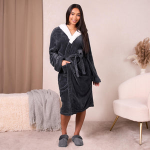 Sienna Ladies Mens Long Hooded Dressing Gown Soft Flannel Fleece Sherpa Bathrobe