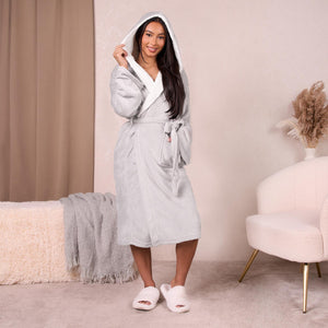 Sienna Ladies Mens Long Hooded Dressing Gown Soft Flannel Fleece Sherpa Bathrobe