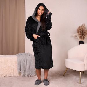 Sienna Ladies Mens Long Hooded Dressing Gown Soft Flannel Fleece Sherpa Bathrobe