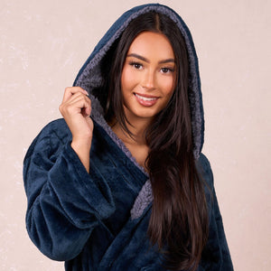 Sienna Ladies Mens Long Hooded Dressing Gown Soft Flannel Fleece Sherpa Bathrobe