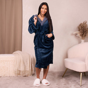 Sienna Ladies Mens Long Hooded Dressing Gown Soft Flannel Fleece Sherpa Bathrobe