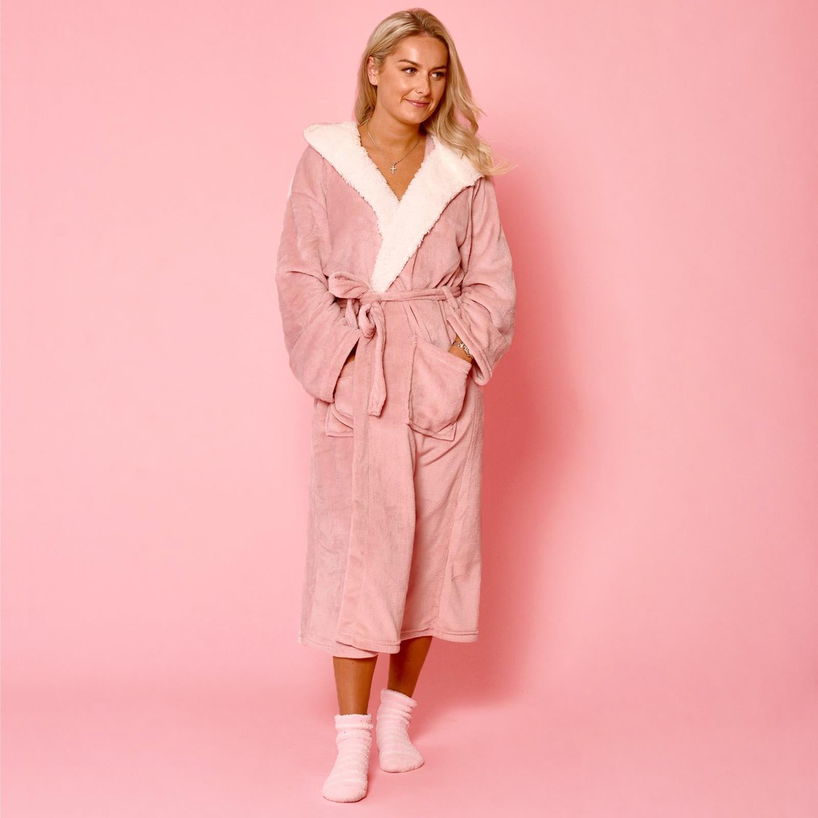 Sienna Ladies Mens Long Hooded Dressing Gown Soft Flannel Fleece Sherpa Bathrobe