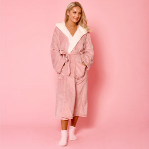 Sienna Ladies Mens Long Hooded Dressing Gown Soft Flannel Fleece Sherpa Bathrobe