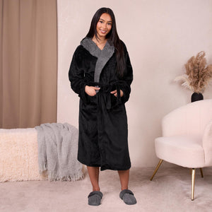 Sienna Ladies Mens Long Hooded Dressing Gown Soft Flannel Fleece Sherpa Bathrobe