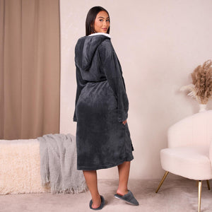 Sienna Ladies Mens Long Hooded Dressing Gown Soft Flannel Fleece Sherpa Bathrobe