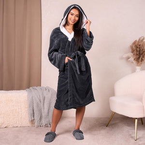 Sienna Ladies Mens Long Hooded Dressing Gown Soft Flannel Fleece Sherpa Bathrobe