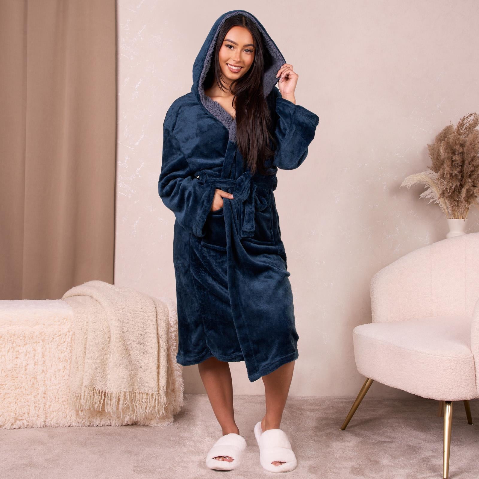 Sienna Ladies Mens Long Hooded Dressing Gown Soft Flannel Fleece Sherpa Bathrobe
